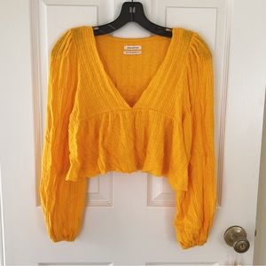 Urban Outfitters Prairie Ribbed Cropped V-Neck Babydoll Knit Top Sun Yellow XS